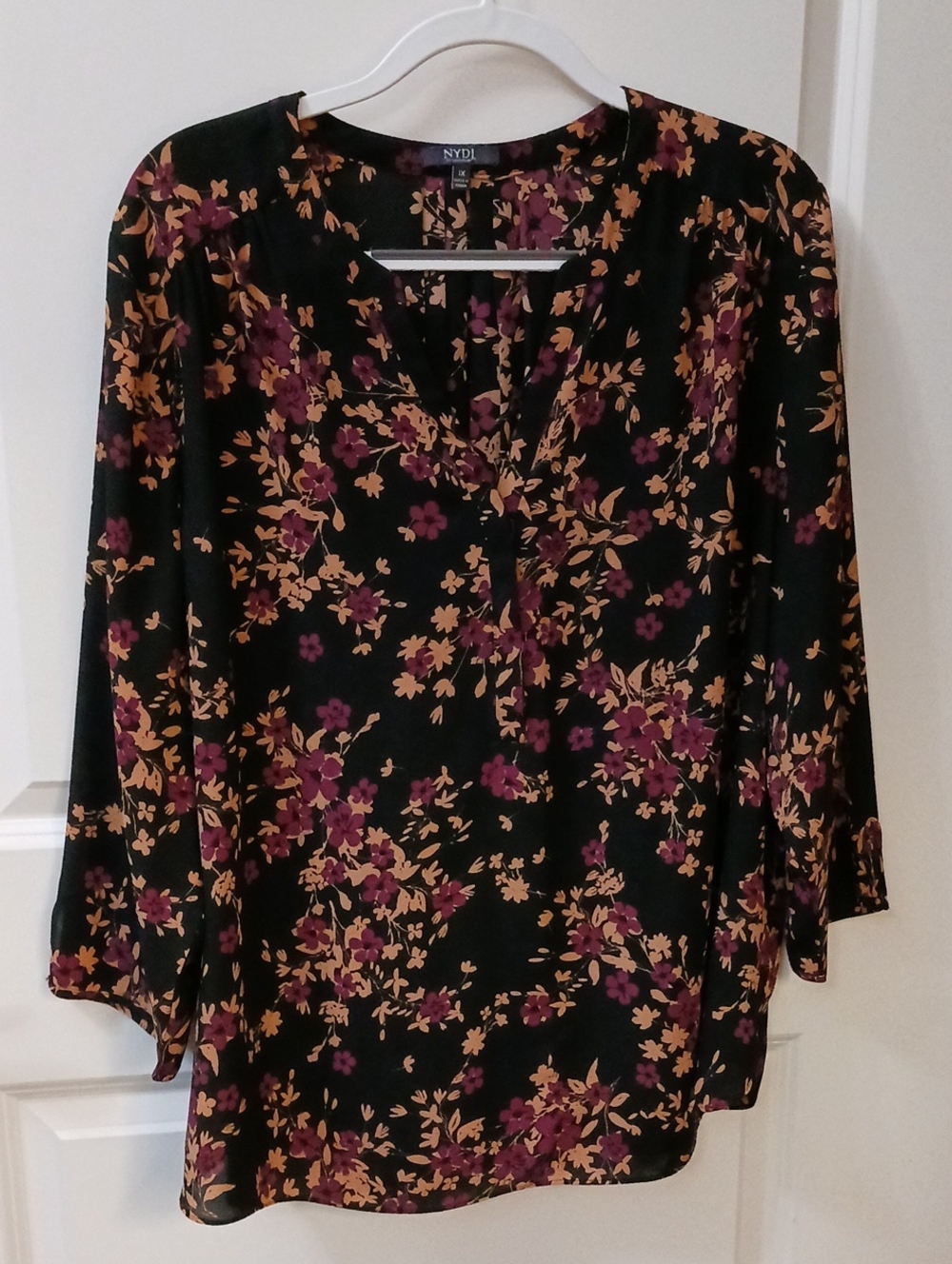 NYDJ Black Floral V-Neck Blouse with Burgundy and Mustard Flowers